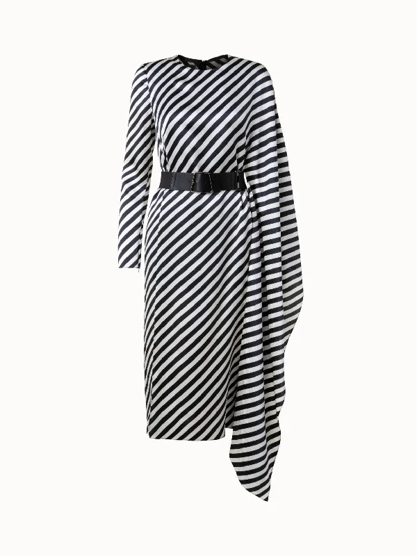 Asymmetrical Silk Techno Blend Dress with Diagonal Stripes