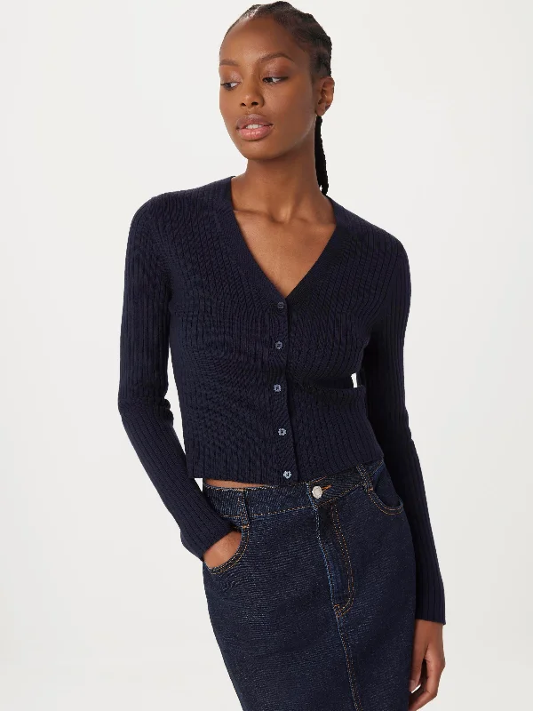 The Merino V-Neck Cardigan in Space Blue