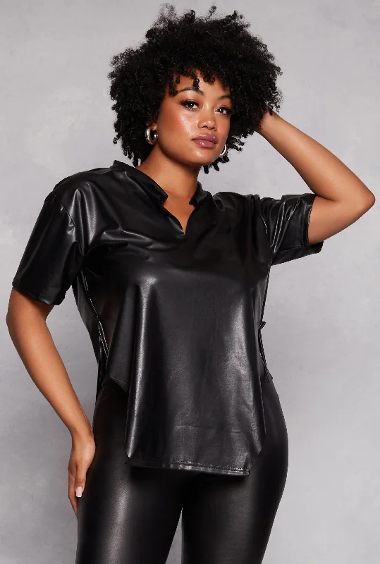 Plus Size Faux Leather Hanky Hem Top