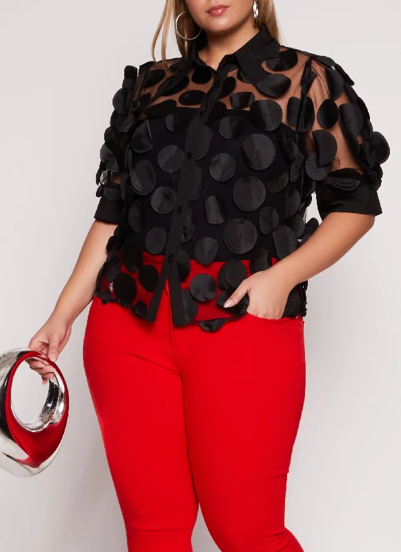 Plus Size Organza Polka Dot Applique Top