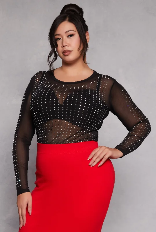 Plus Size Rhinestone Long Sleeve Top