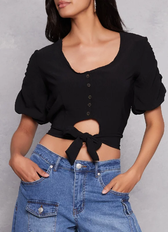 Puff Sleeve Cut Out Button Front Top