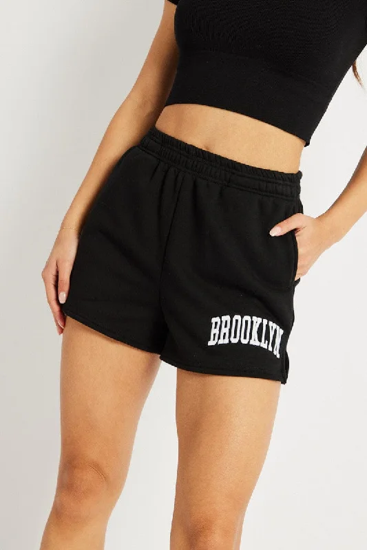 Black Track Shorts High Rise Elastic Waist