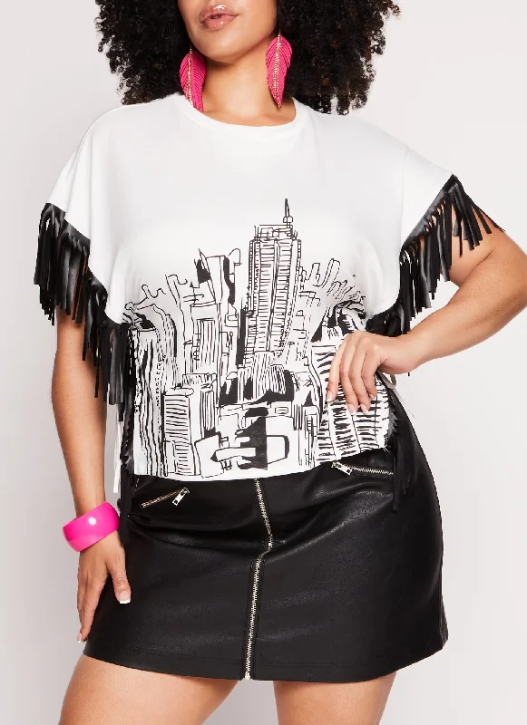 Plus Size Skyline Fringe Hem Graphic Tee