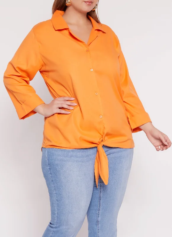 Plus Size Button Down Tie Front Shirt