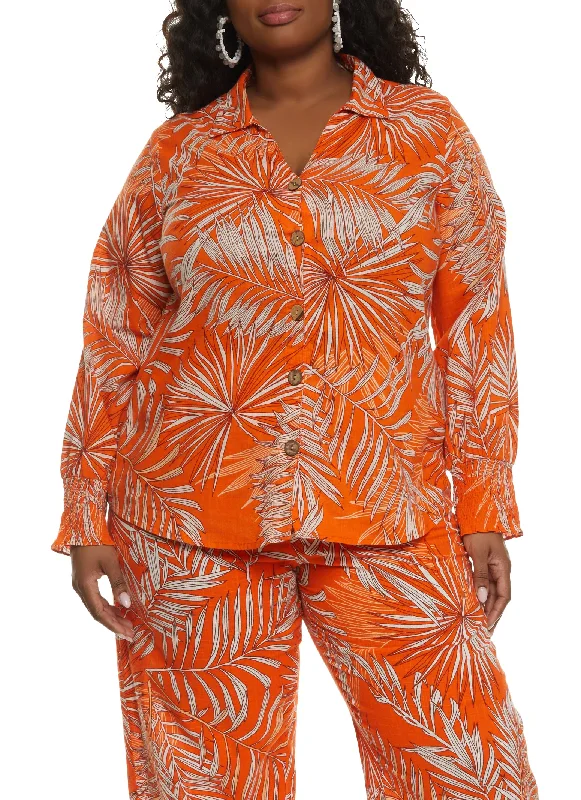 Plus Size Palm Print Button Front Shirt