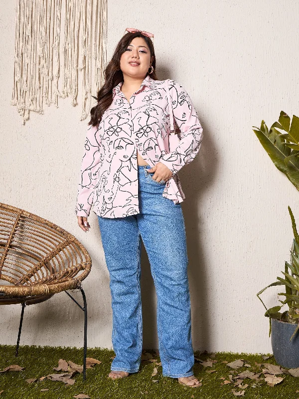 Berrylush Curve Women Pink & Black Graphic Printed Spread Collar Neck Front Button-Up Long Sleeves Curved Hem Regular Shirt