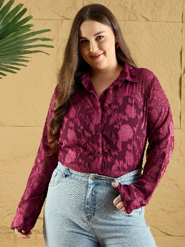 Berrylush Curve Women Maroon Floral Printed Spread Collar Neck Bishop Sleeves Button-Up Regular Shirt