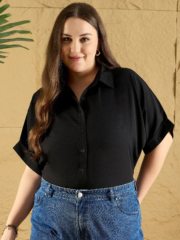 Berrylush Curve Women Solid Black Spread Collar Neck Short Sleeves Front Button-Up Curved Hem Regular Shirt