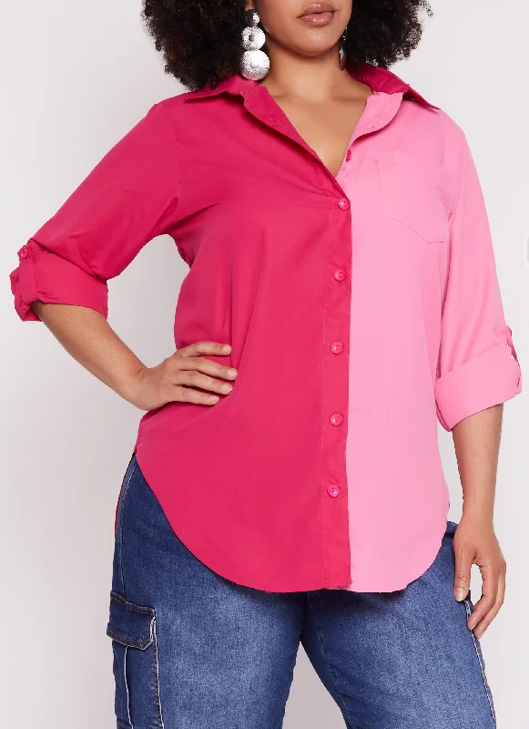 Plus Size Color Block Button Front Shirt