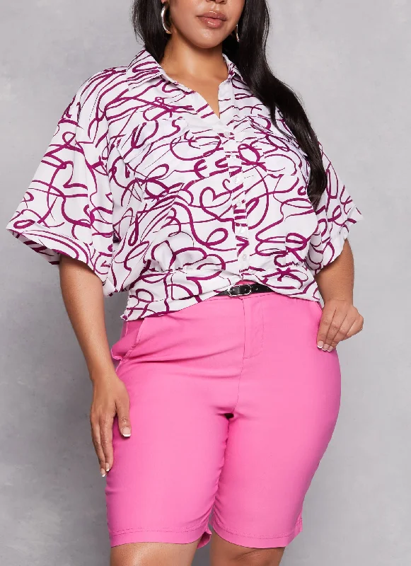 Plus Size Heart Scribble Print Button Front Top