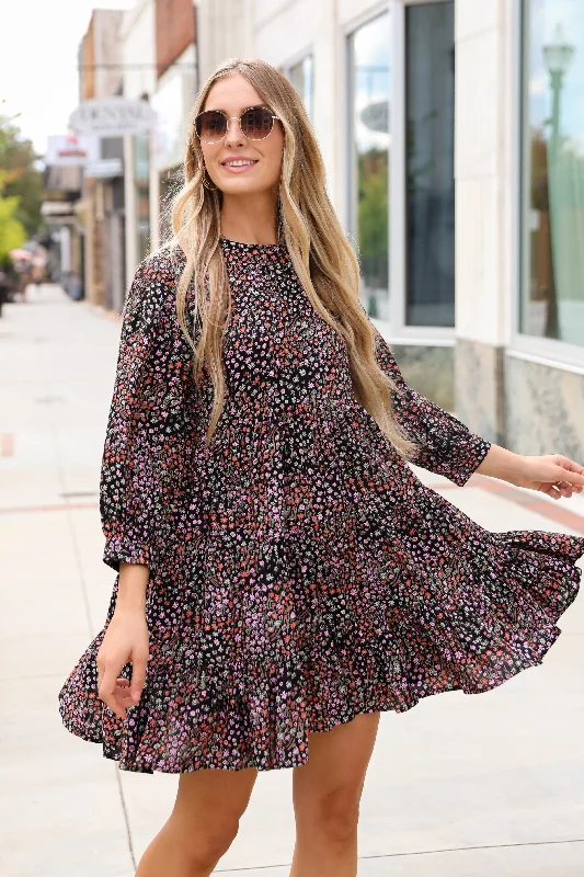 Gorgeous Outcome Black Floral Tiered Mini Dress