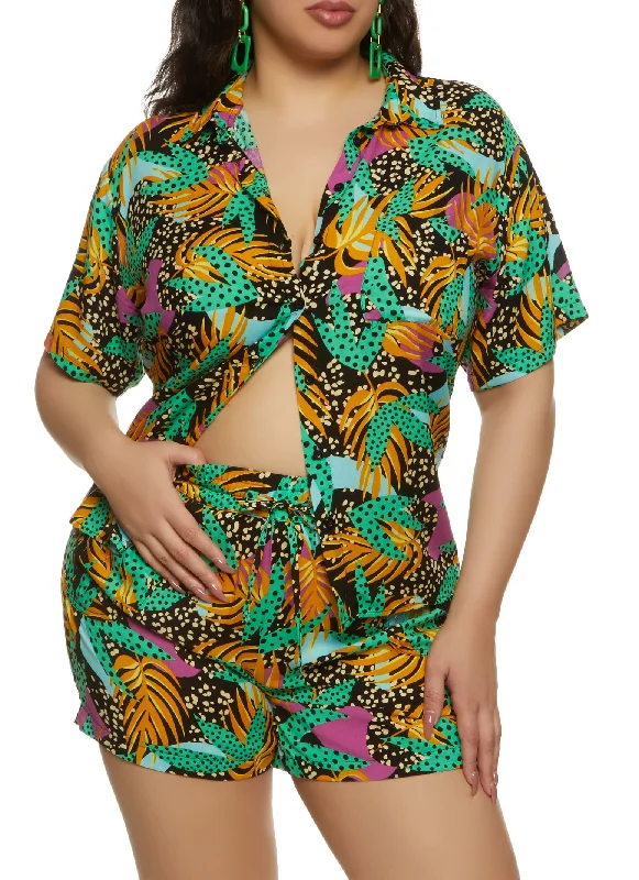 Plus Size Tropical Print Tie Front Shirt