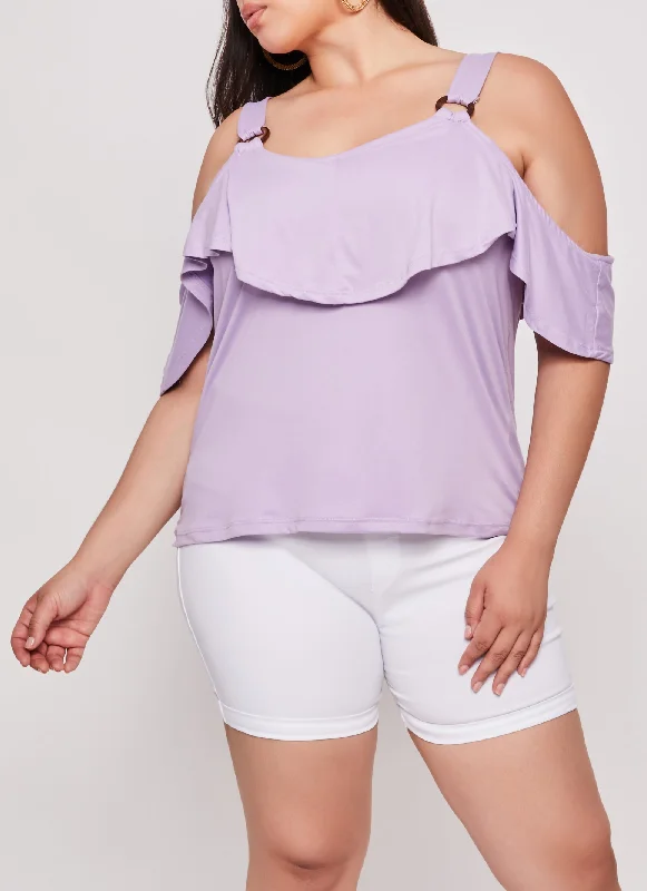 Plus Size O Ring Strap Overlay Cold Shoulder Top