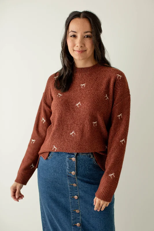 'Lucy' Embroidered Bow Sweater in Rust Brown