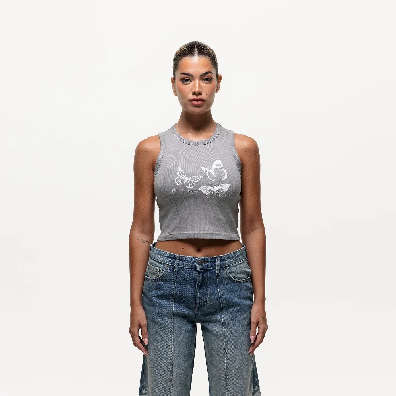 Spray Butterfly Ribbed Grey Tank Top (Final Sale)