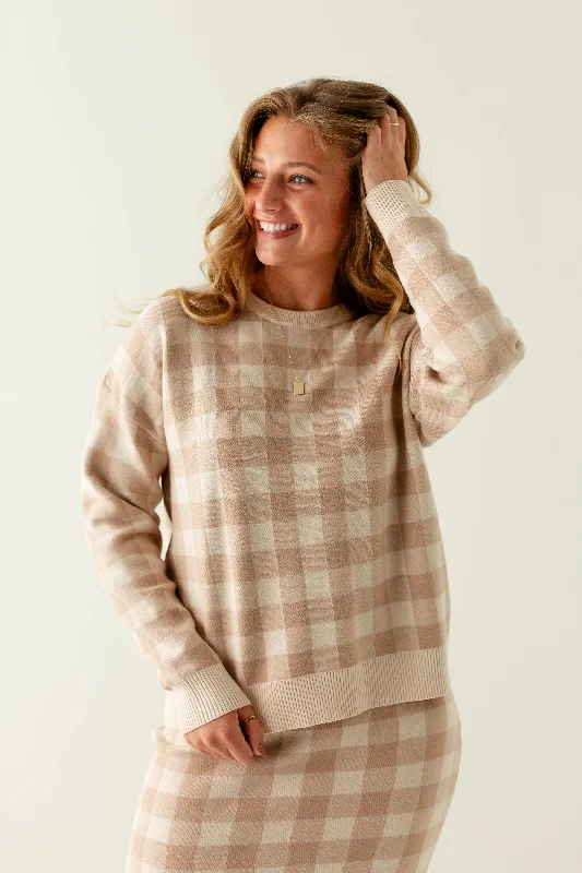 'Millie' Gingham Print Sweater in Oatmeal/Taupe