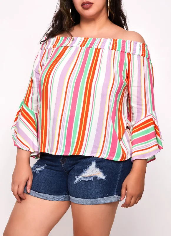 Plus Size Striped Bell Sleeve Off the Shoulder Top