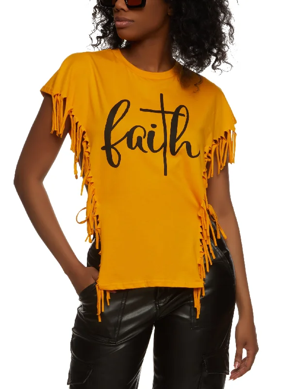 Faith Over Fear Open Tie Side Fringe Graphic Tee