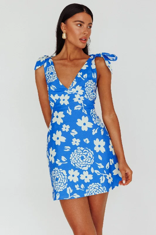 Mykonos Morning Tied Shoulder Mini Dress Floral Ocean