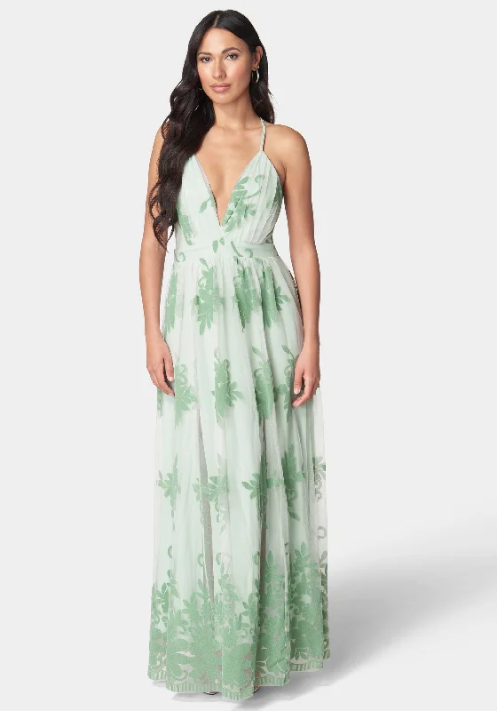 Plunge Neck Embroidered Maxi Dress