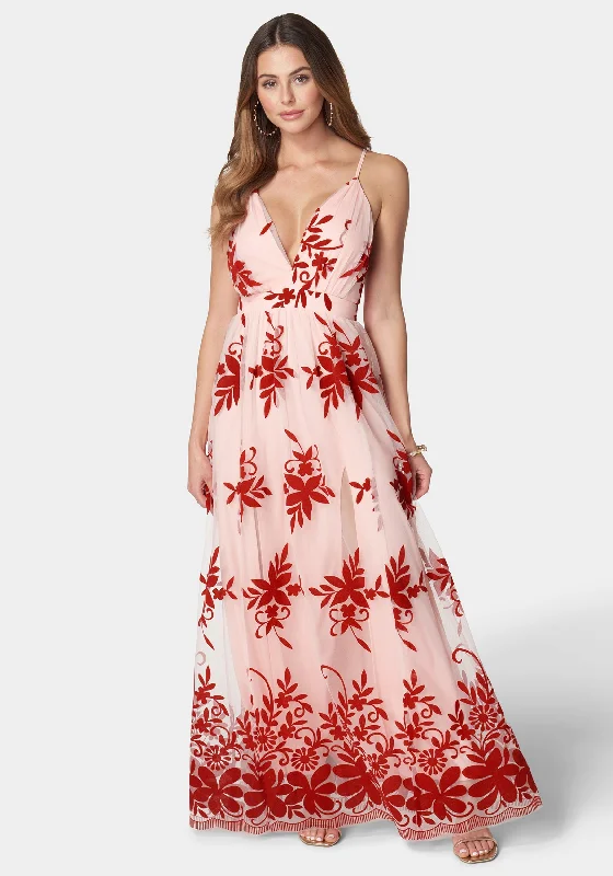 Plunge Neck Embroidered Maxi Dress