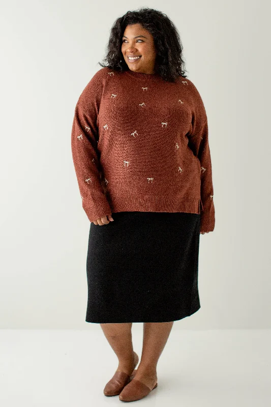 Plus 'Lucy' Embroidered Bow Sweater in Rust Brown