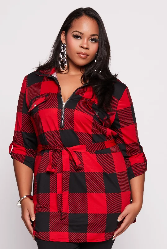 Plus Size Buffalo Plaid Half Zip Tunic Top