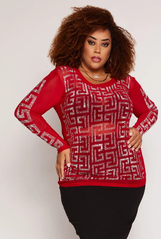 Plus Size Geometric Rhinestone Studded Top