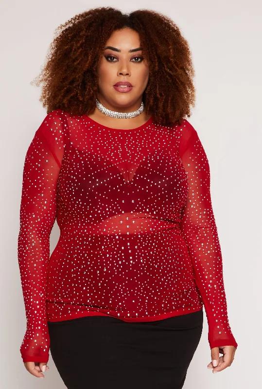 Plus Size Rhinestone Studded Mesh Top