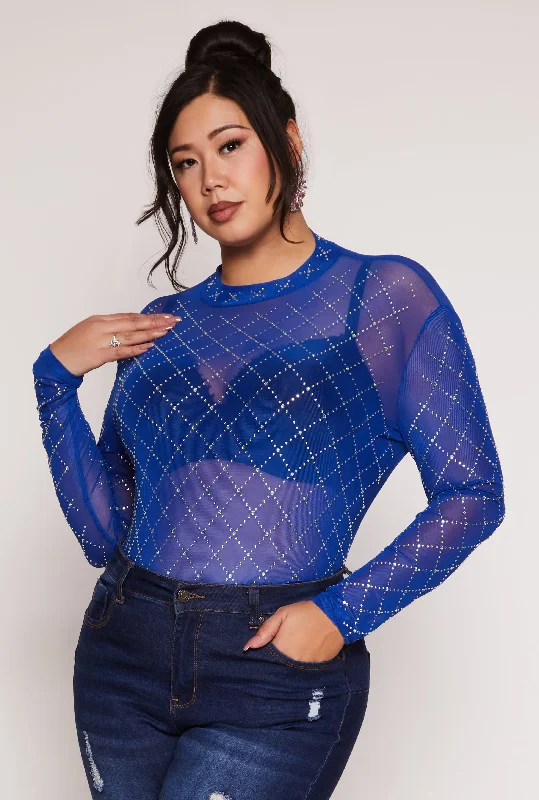 Plus Size Rhinestone Mesh Long Sleeve Top