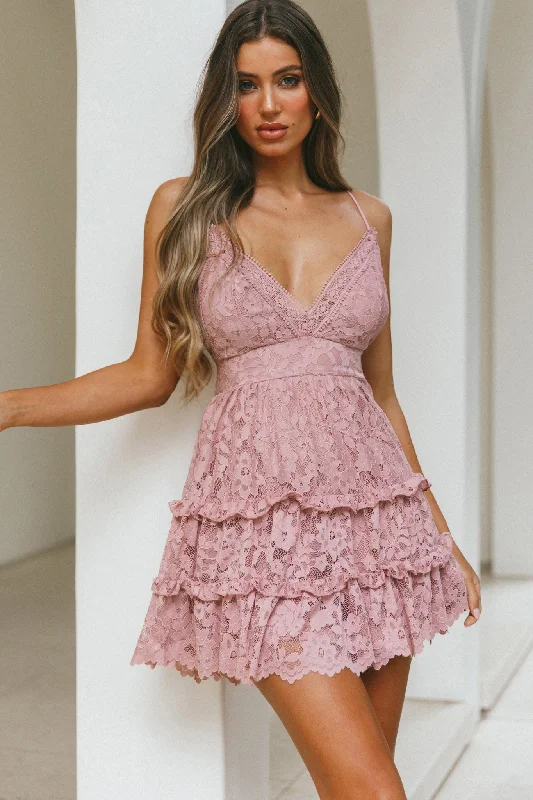 Sunshine Morning Crochet Lace Frill Trim Tied Back Lace Mini Dress Rose