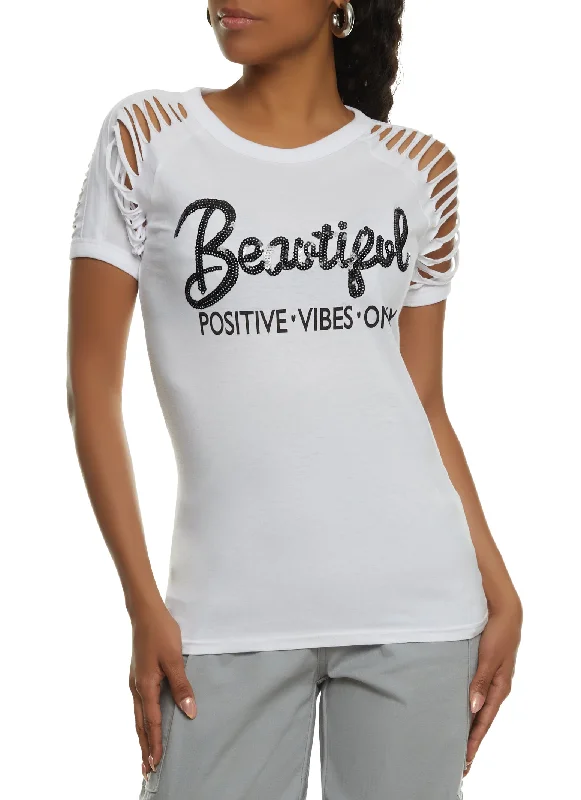 Beautiful Positive Vibes Only Sequin Slashed Tee