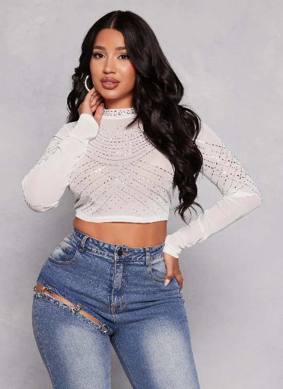 Mesh Rhinestone Mock Neck Crop Top