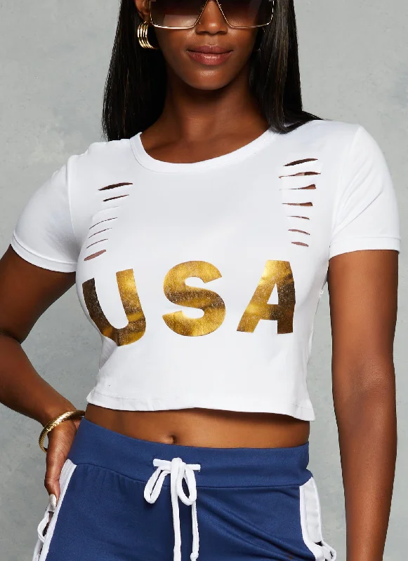 Slashed Foil USA Graphic Crop Top