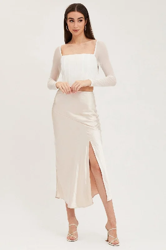 Beige Slip Skirt Front Split Satin