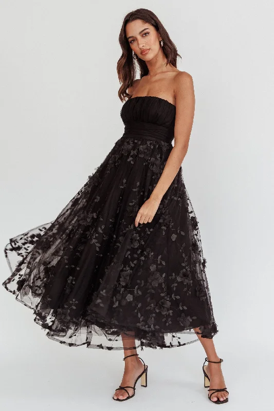 Fayette Strapless Mesh Midi Dress Embellished Black