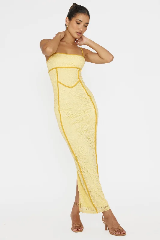 Inga Lace Piping Trim Midi Dress Yellow