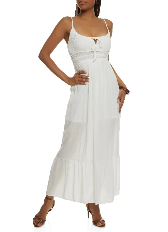 Gauze Knit Tie Front Tiered Maxi Dress