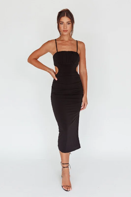 Mary Jane Gathered Bust Tie Back Midi Dress Black