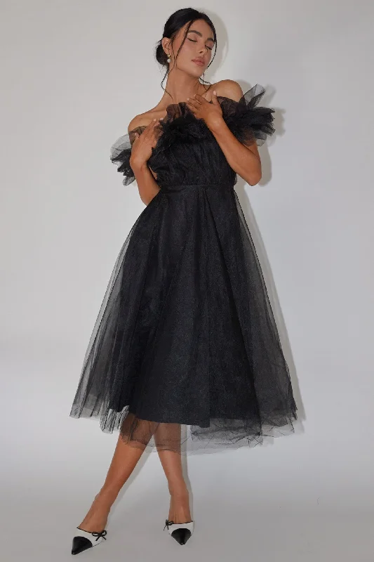 May Rose Off-Shoulder Tulle Midi Dress Black