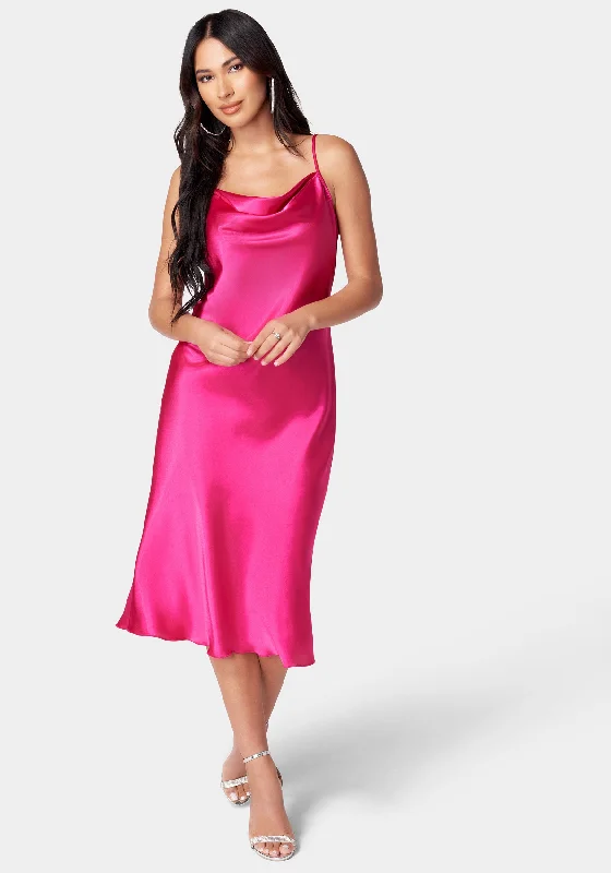 Satin Cowl Neck Slip Midi Dress