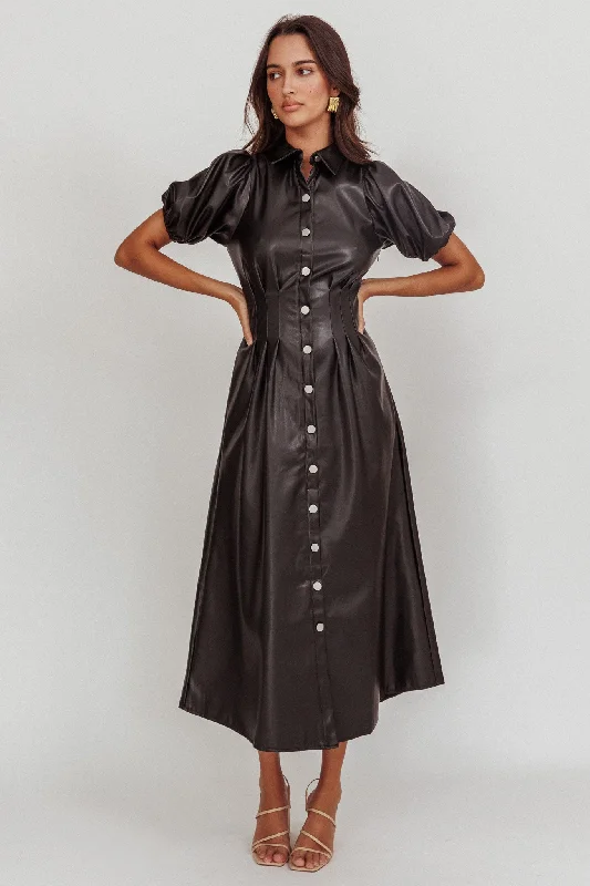 Zurich A-line Puff Sleeve Midi Dress Black