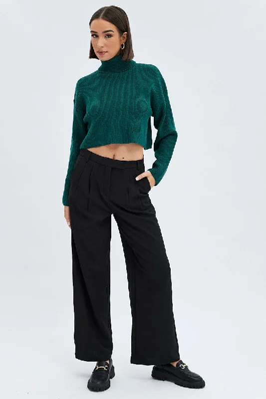 Black Wide Leg Pants Turn Down Waist Low Rise