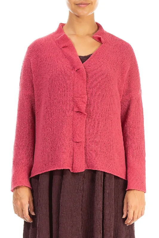 Frilled Neck Pink Punch Wool Cardigan