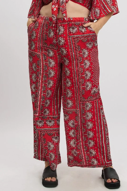 Red Boho Elastic Waist Wide Leg Pants