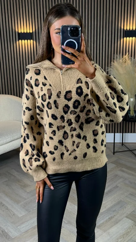 Udessa Beige & Black Leopard Print 1/4 Zip Roll Neck Jumper